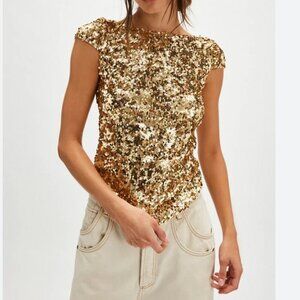 #75  NWT Free People Late Last Night Tee in Gold Combo